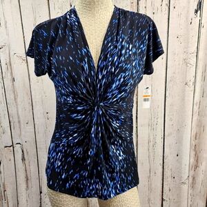 NEW CHAUS Small Blue Black Gathered Slinky Blouse Dress Shirt Top Career NWT‎